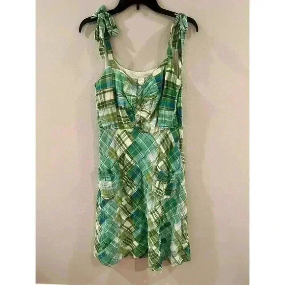 Sangria Plaid Patchwork Button Front Gathered Pockets Dress Kelly Green Sz 10 - Picture 1 of 6